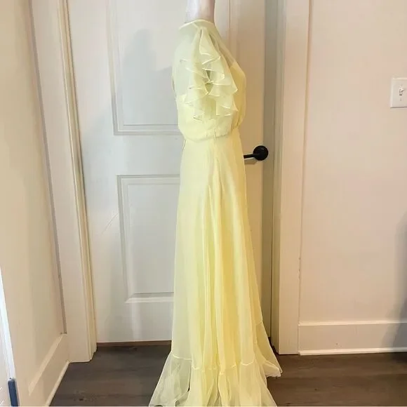 70s Jack Bryan Pale Butter Yellow Chiffon Evening Maxi Dress Size small - Picture 3 of 9
